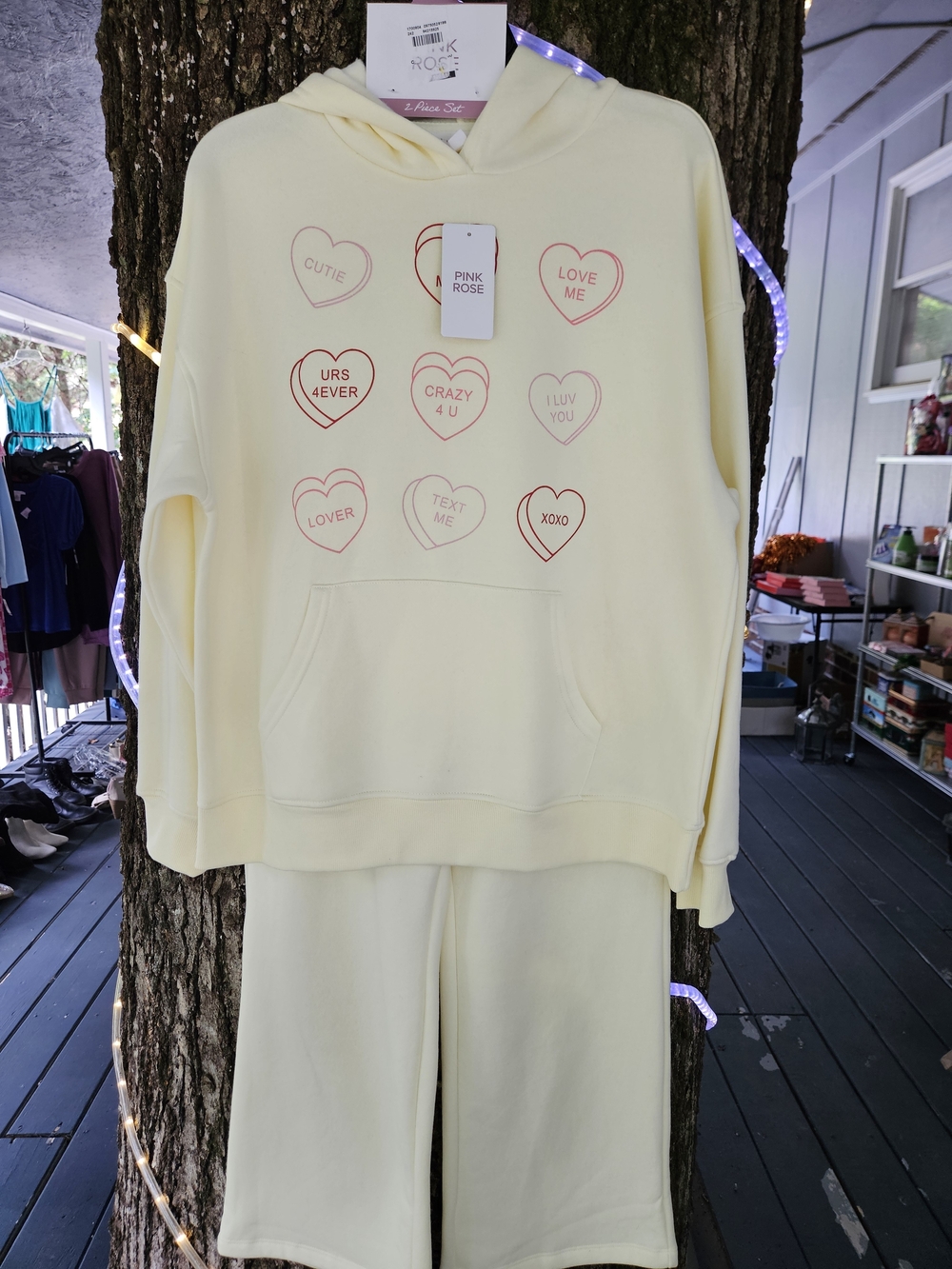 Pink Rose Yellow Heart-Print Hoodie Set